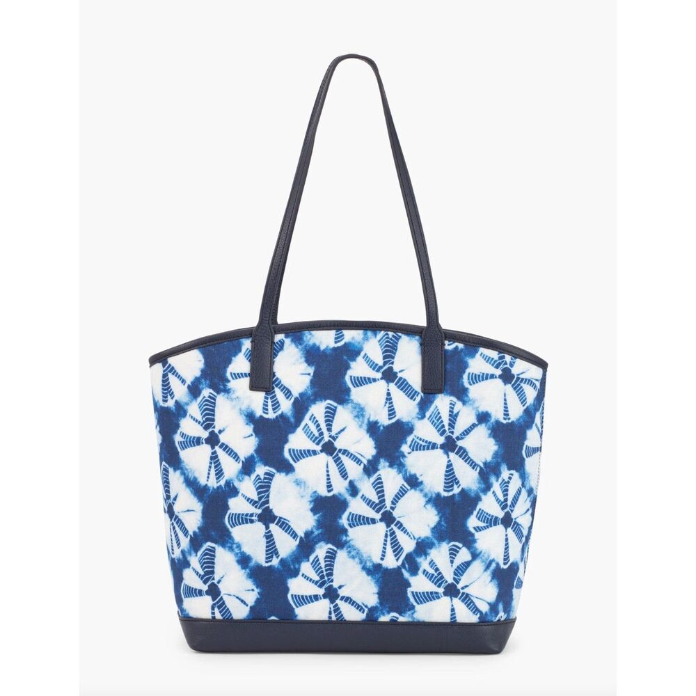 NWOT Talbots Shibori Diamond Perfect Tote Blue Tie Dye Bag Leather Trim